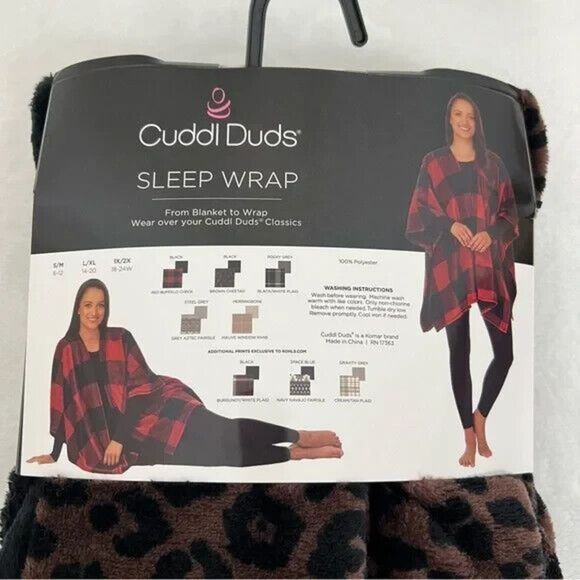 Cuddi Duds Women Sz S/M (6-12) Black/Brown Cheetah Reversible Fleece Sleep Wrap - Picture 3 of 4